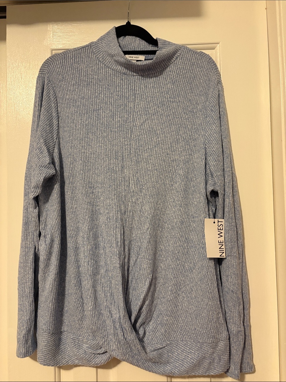 Nine West Light Blue Ribbed Mock Neck Twist-Hem Sweater